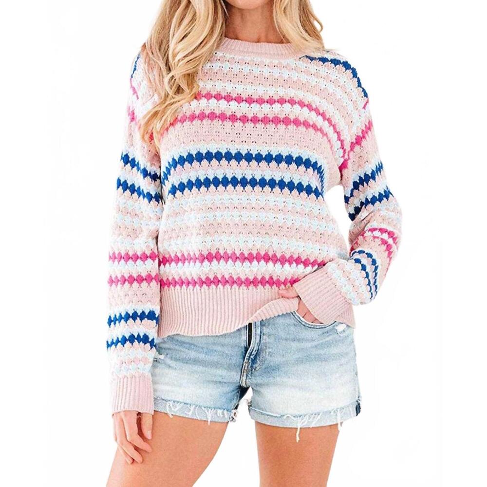 NEW PRETTY BASH eyelet knit drop shoulder sweater in khaki stripe